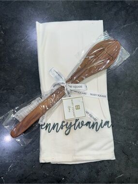 Mary Square Cream Kitchen Towel with Natural Wood Serving Spoon